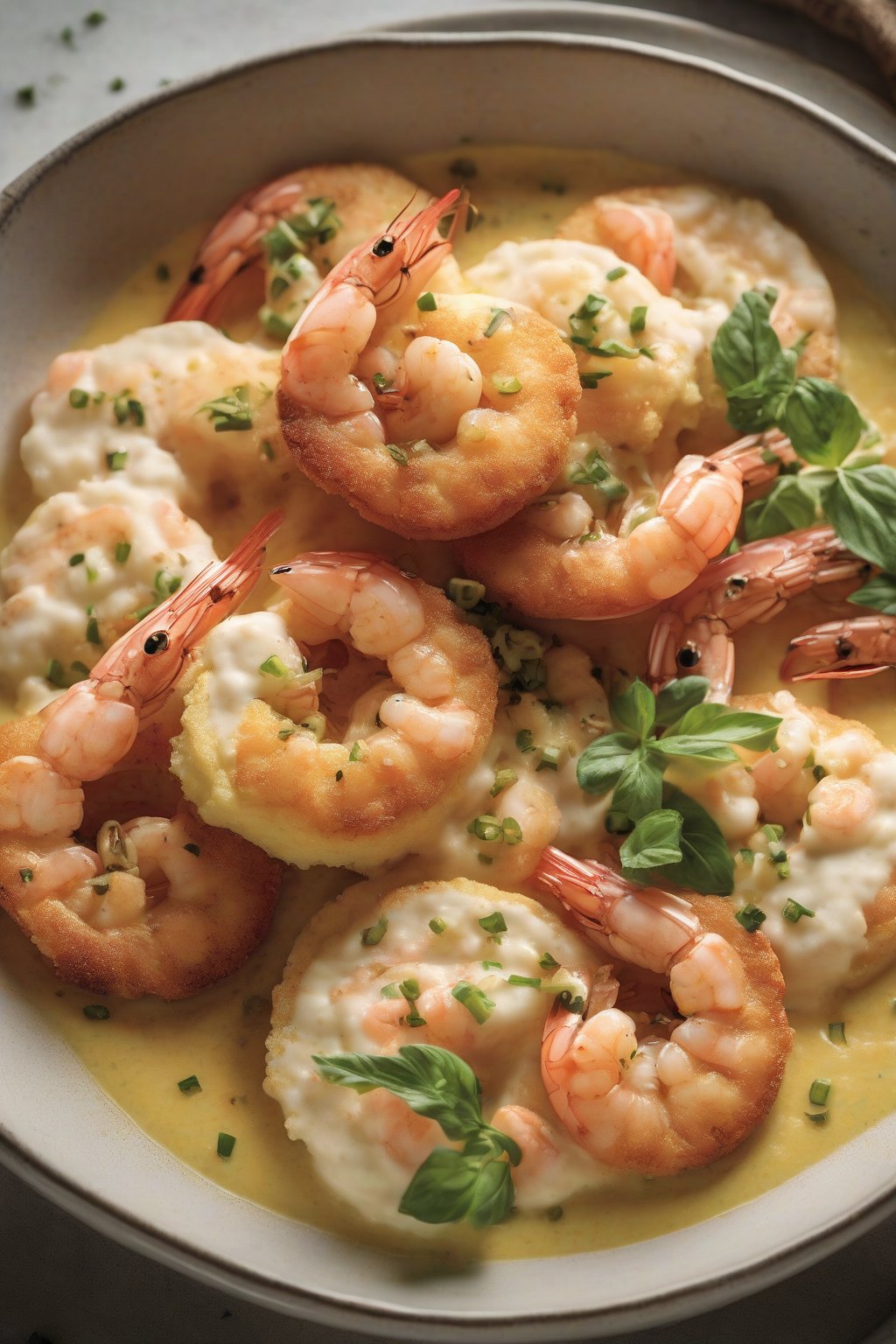 A close-up photo of fried green tomatoes topped with plump shrimp over cheesy grits in a bowl, under soft lighting.