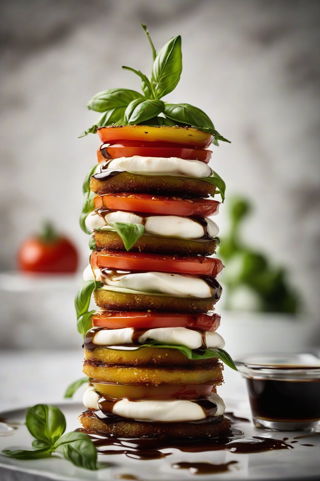 A high-resolution photo of a towering fried green tomato Caprese stack drizzled with balsamic, under soft lighting.