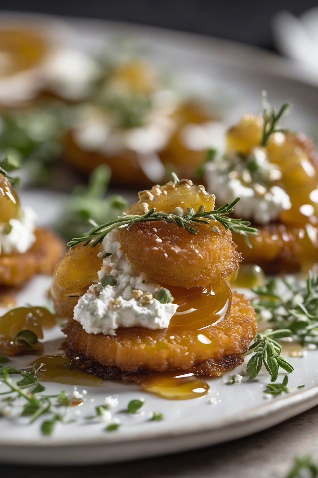 A close-up photo of fried green tomato rounds topped with goat cheese and honey rivers, fresh thyme garnish, under soft lighting.