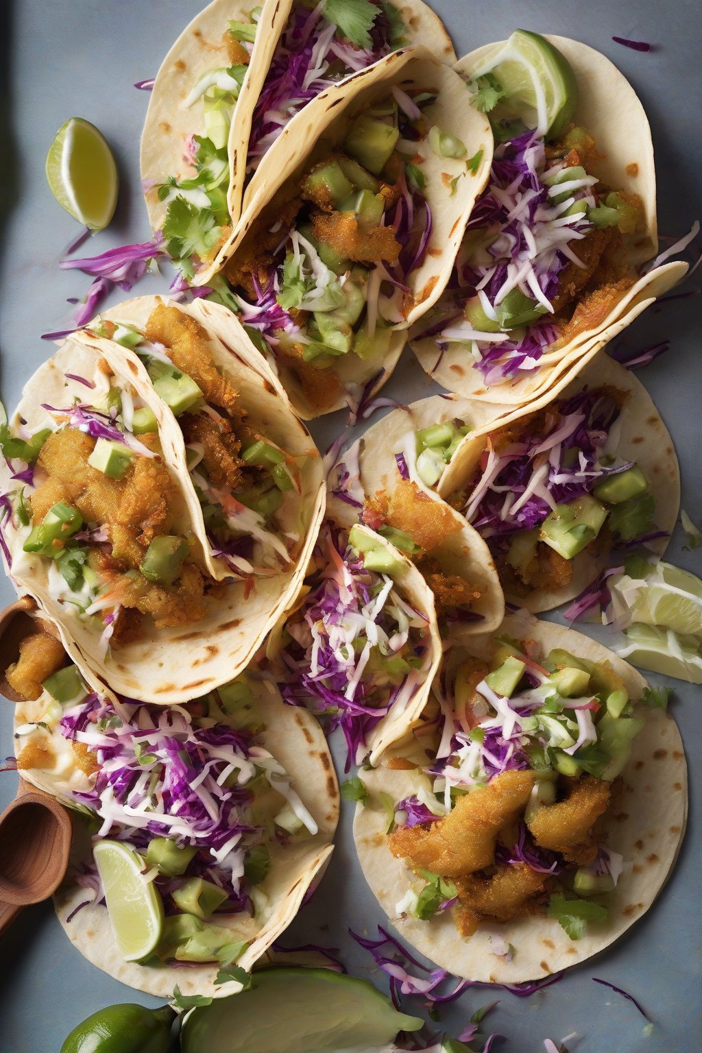 A high-resolution photo of open fried green tomato tacos with colorful slaw overflowing, under soft lighting.