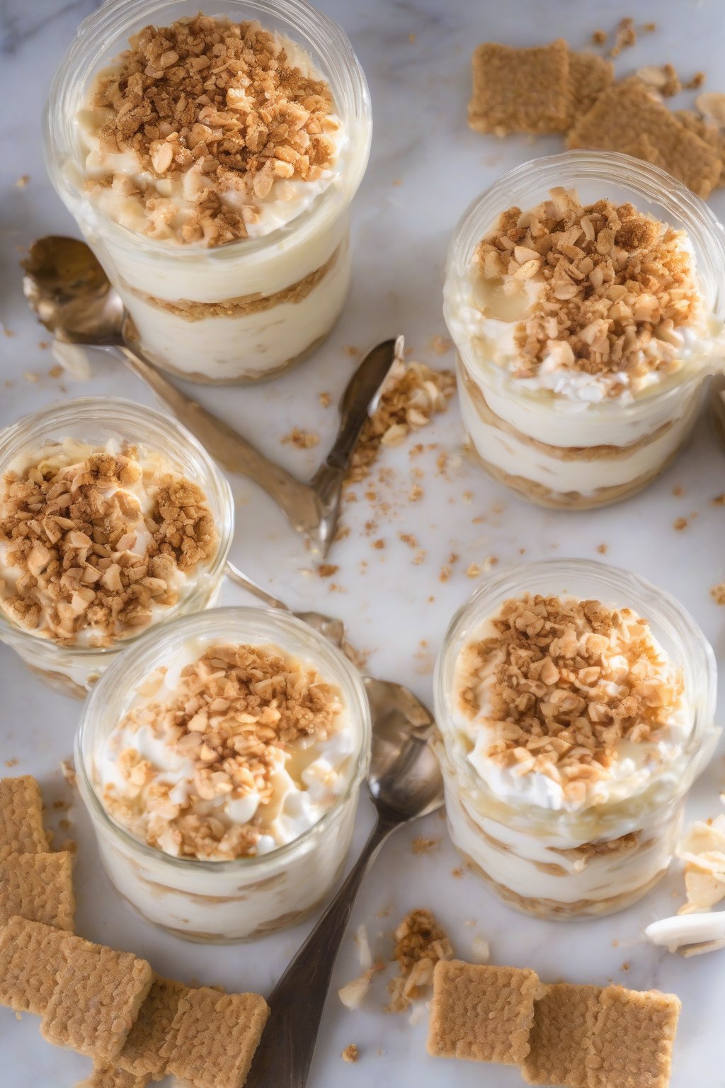 A high-resolution photo of vegan coconut banana pudding layers with graham cracker crumbs under soft lighting.