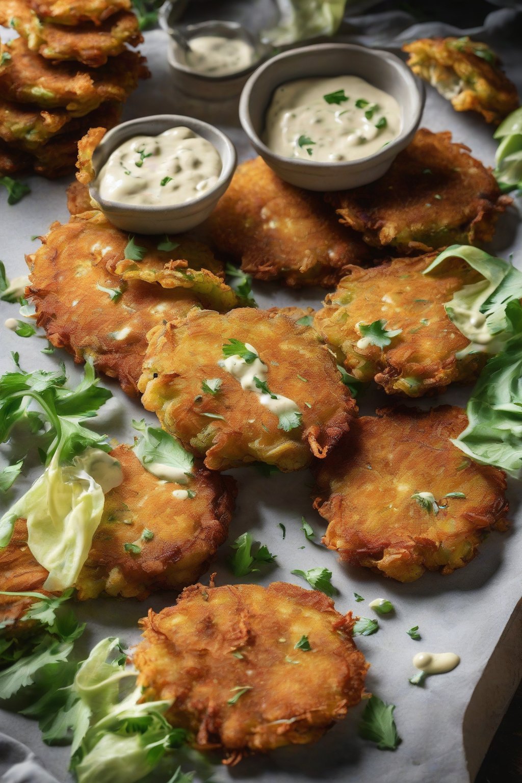 A close-up photo of golden fried green tomato fritters piled high with remoulade dip, under soft lighting.