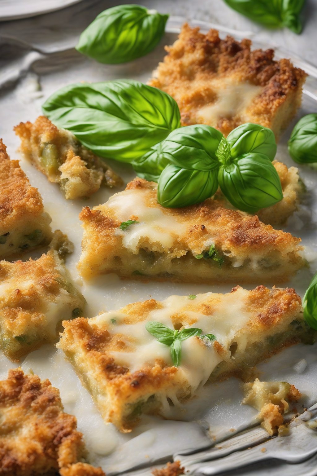A high-resolution photo of a bubbly fried green tomato Parmesan casserole slice, basil on top, under soft lighting.