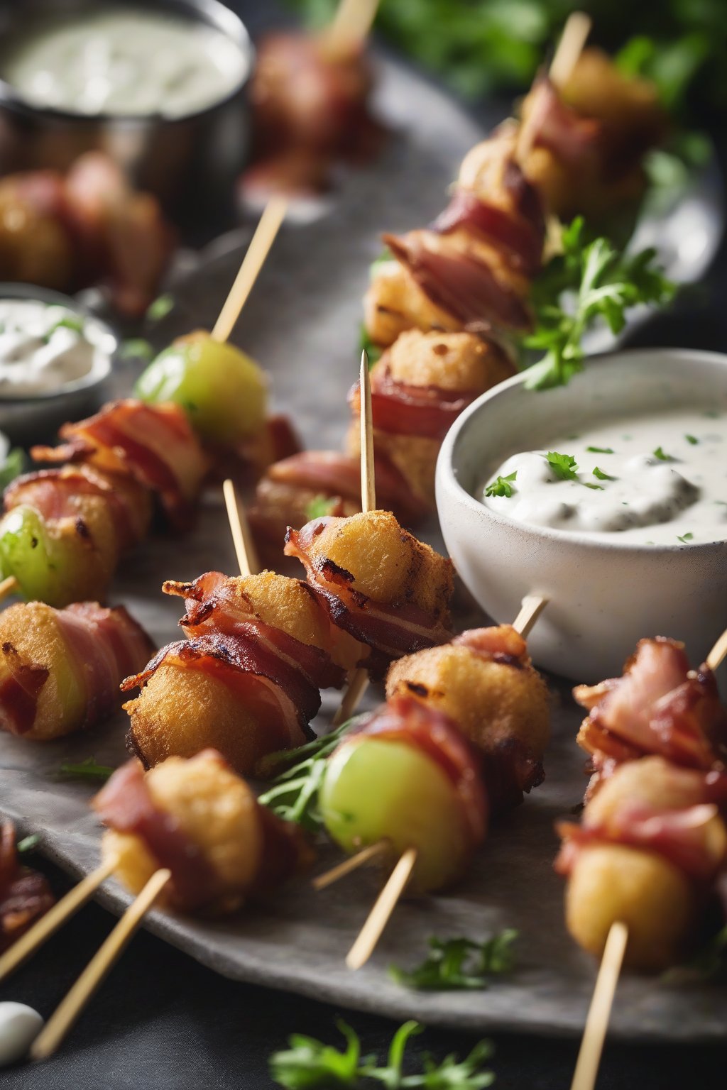 A close-up photo of bacon-wrapped fried green tomato bites on skewers with ranch dip, under soft lighting.