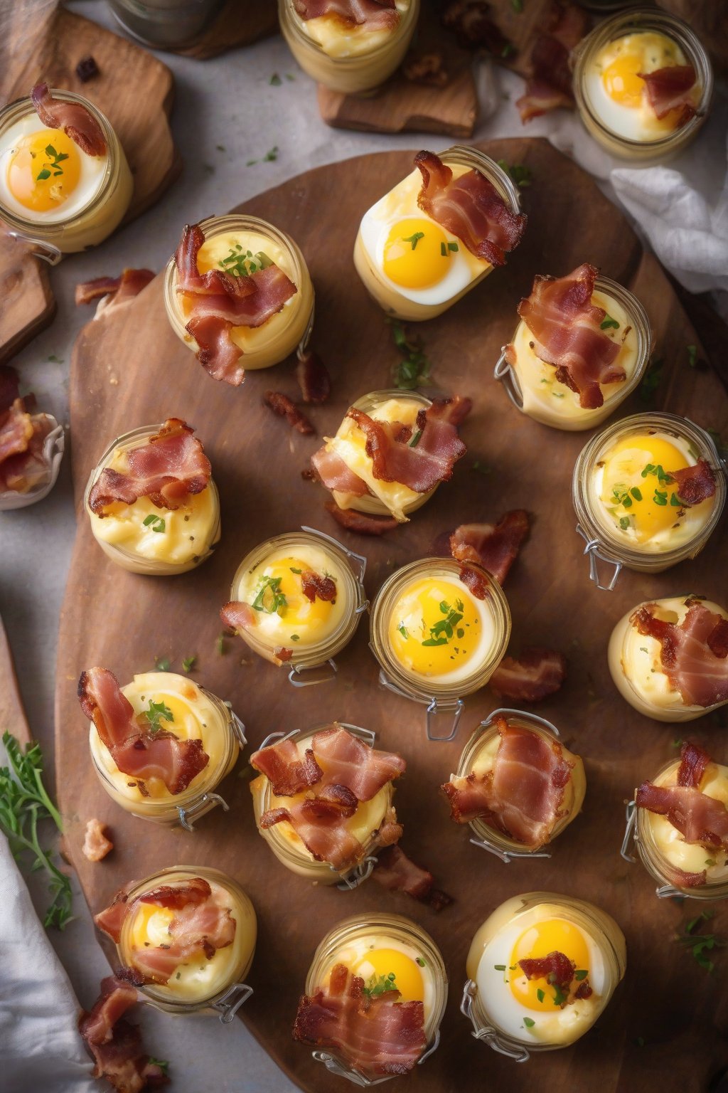 A high-resolution photo of golden sous-vide egg bites topped with crumbled bacon and melted Gruyère, arranged in jars on a wooden board under soft lighting.