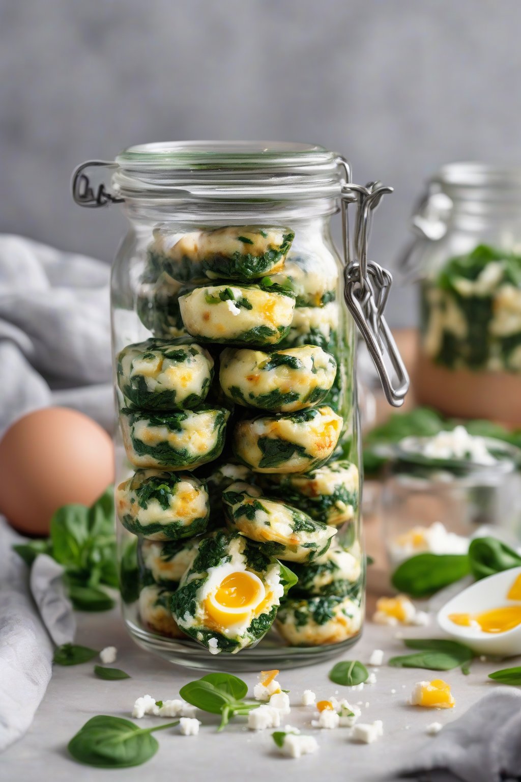 A high-resolution photo of vibrant green spinach and feta egg bites in glass jars, garnished with fresh herbs under soft lighting.