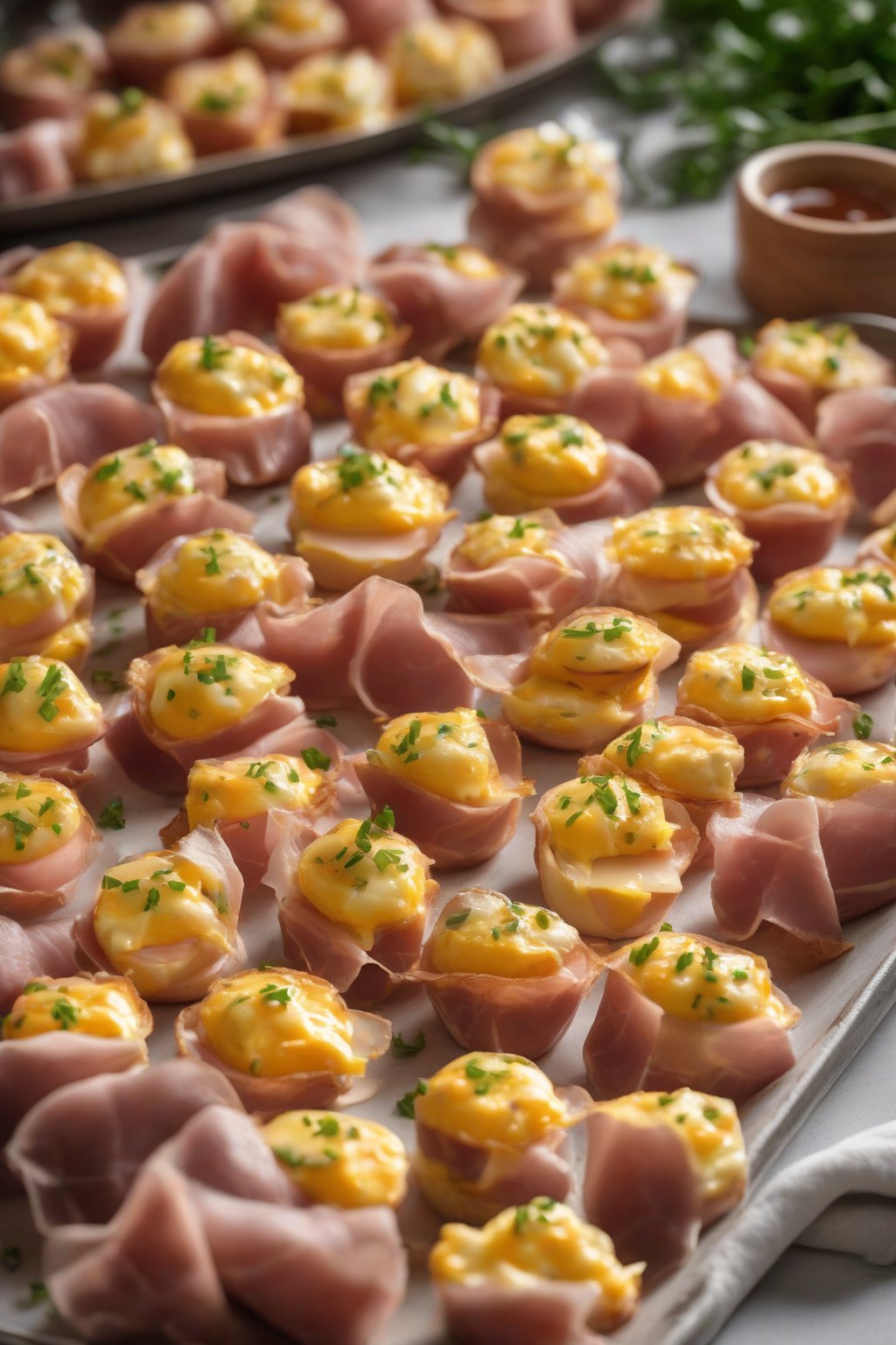 A high-resolution photo of ham and cheddar egg bites with visible cheese pulls, stacked in jars on a breakfast tray under soft lighting.