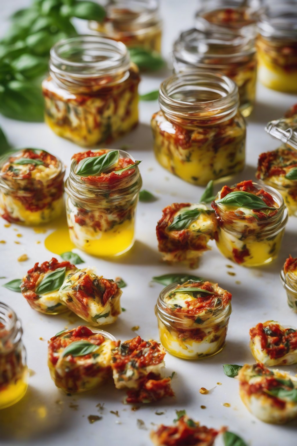 A high-resolution photo of red-flecked sun-dried tomato and basil egg bites in jars, drizzled with olive oil under soft lighting.