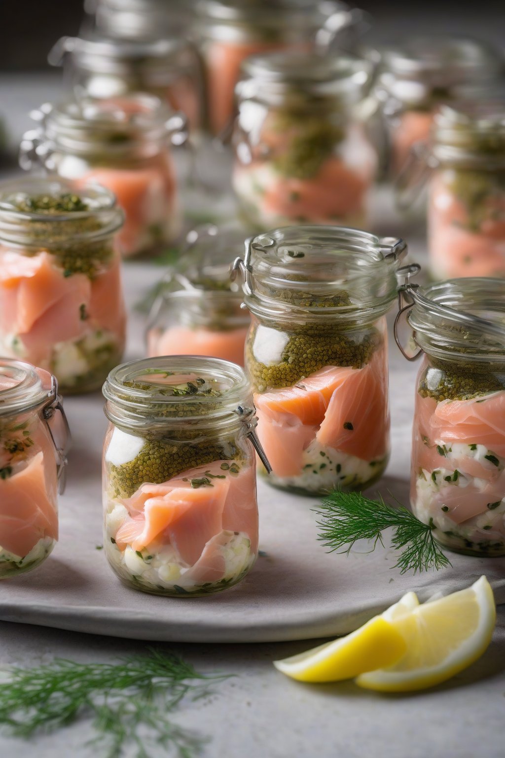 A high-resolution photo of pink smoked salmon and dill egg bites topped with capers, served in elegant jars under soft lighting.