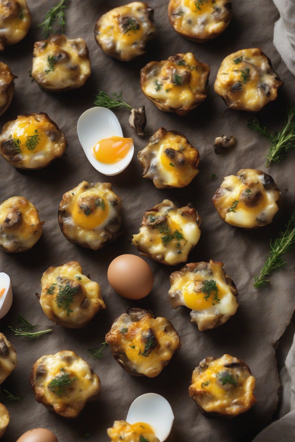 A high-resolution photo of earthy mushroom and Swiss egg bites with golden tops, arranged rustic-style under soft lighting.