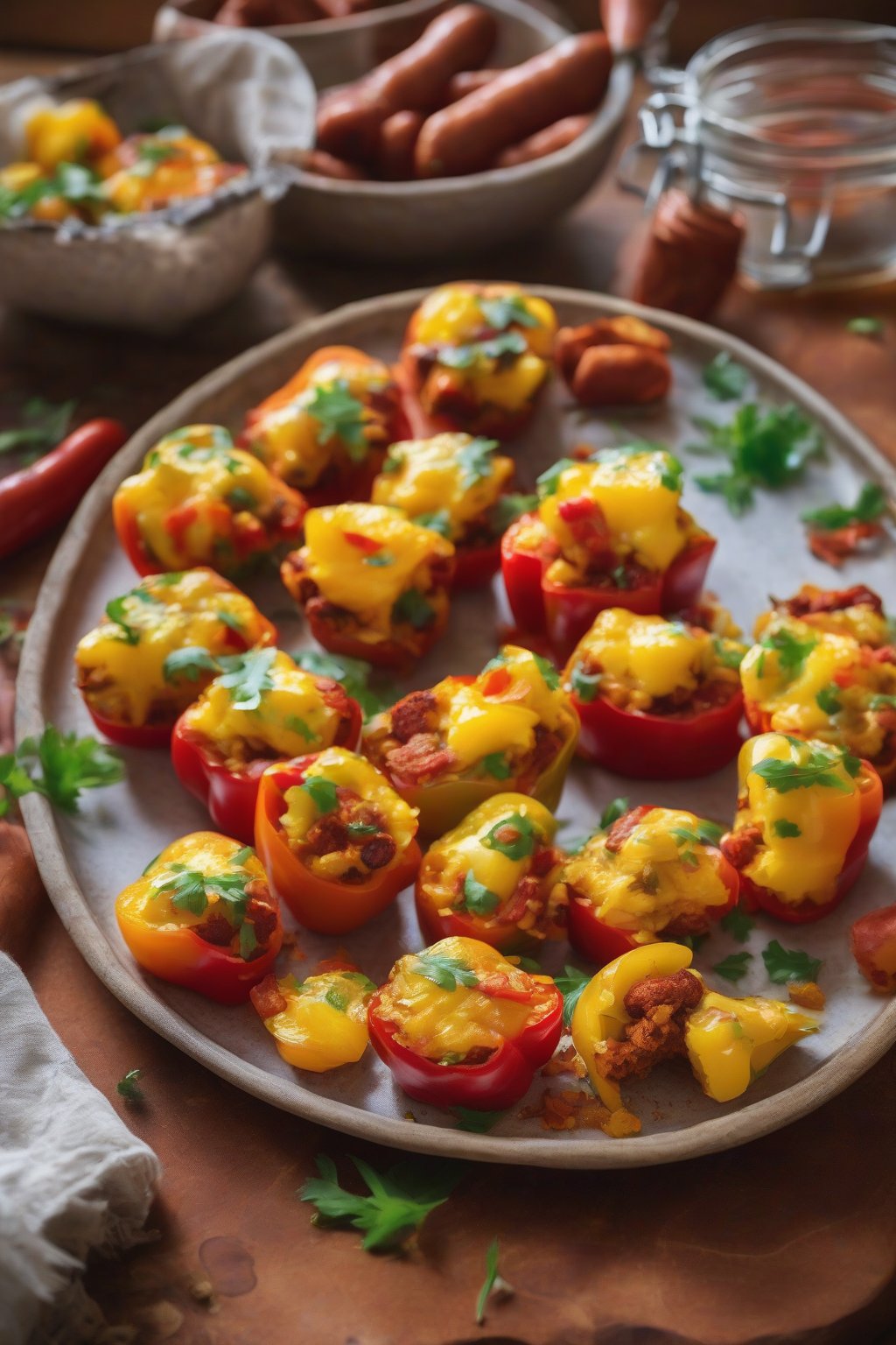 A high-resolution photo of colorful bell pepper and chorizo egg bites bursting with spice, in jars on a vibrant plate under soft lighting.