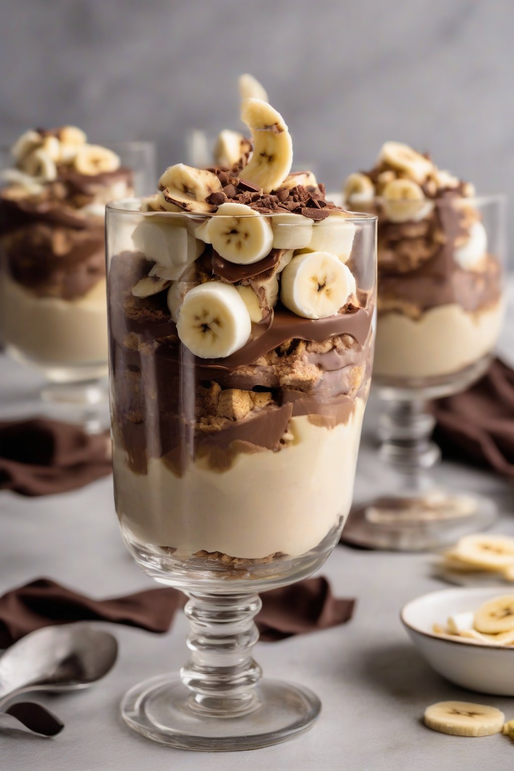 A high-resolution photo of chocolate banana pudding parfait in glasses with wafer layers under soft lighting.