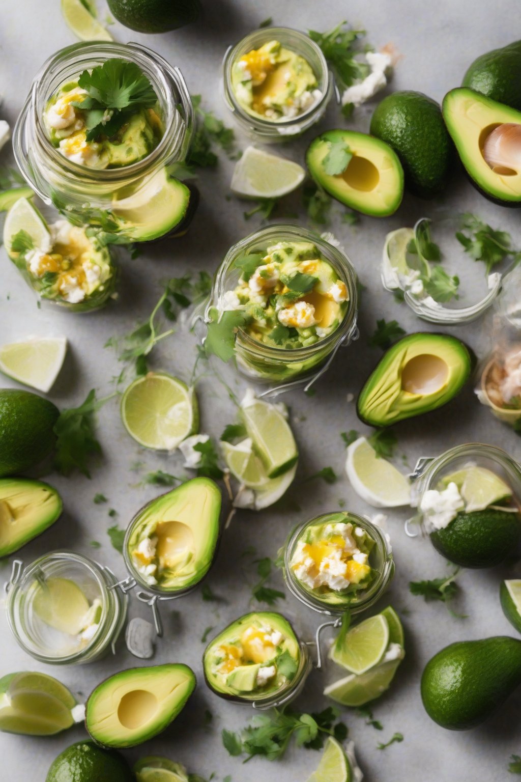 A high-resolution photo of smooth green avocado and goat cheese egg bites with lime wedges, in jars under soft lighting.