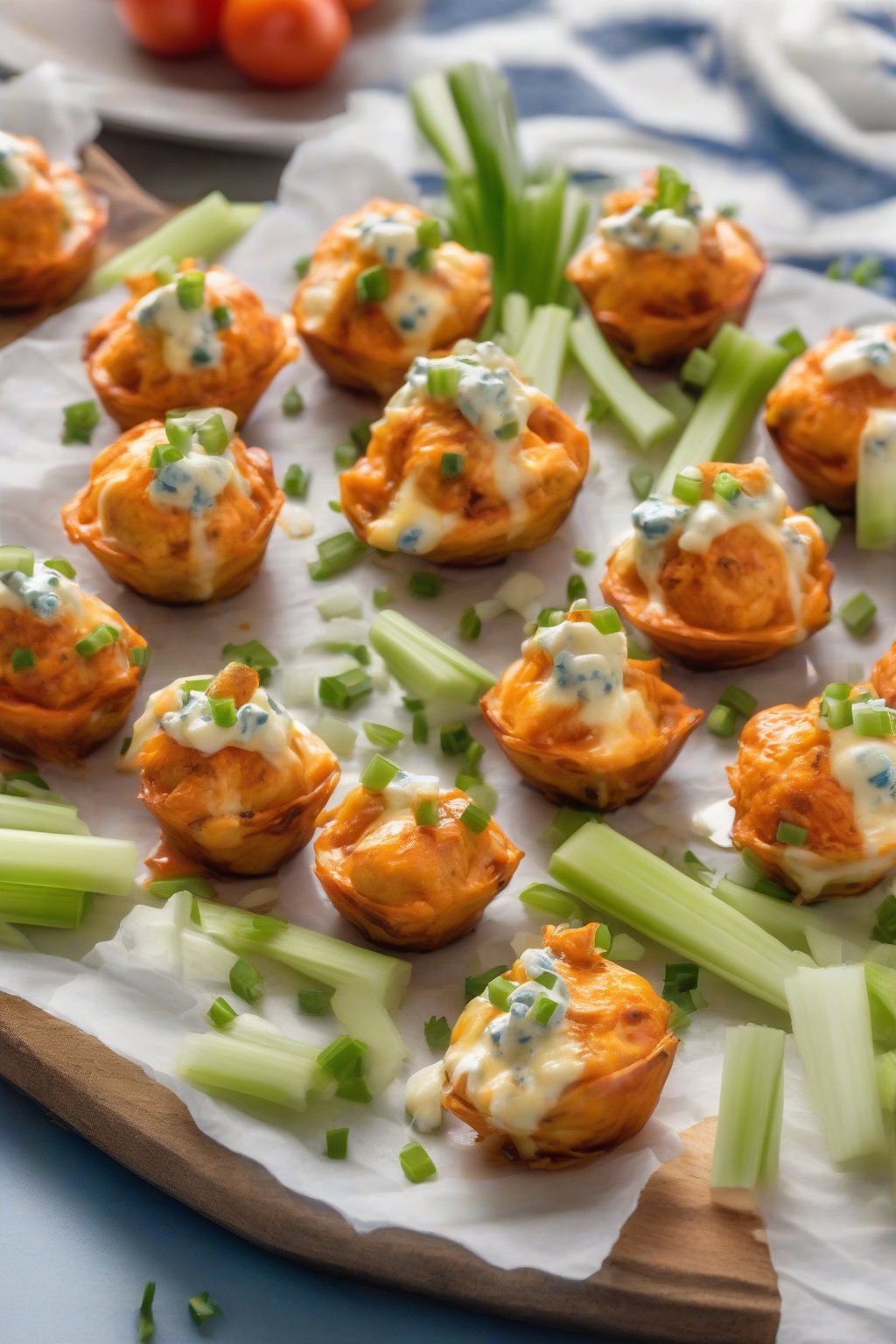 A high-resolution photo of spicy buffalo chicken egg bites with blue cheese swirl, garnished with celery under soft lighting.