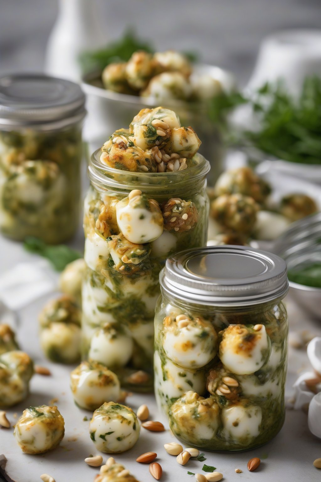A high-resolution photo of pesto-swirled mozzarella egg bites with pine nut crunch, in jars under soft lighting.