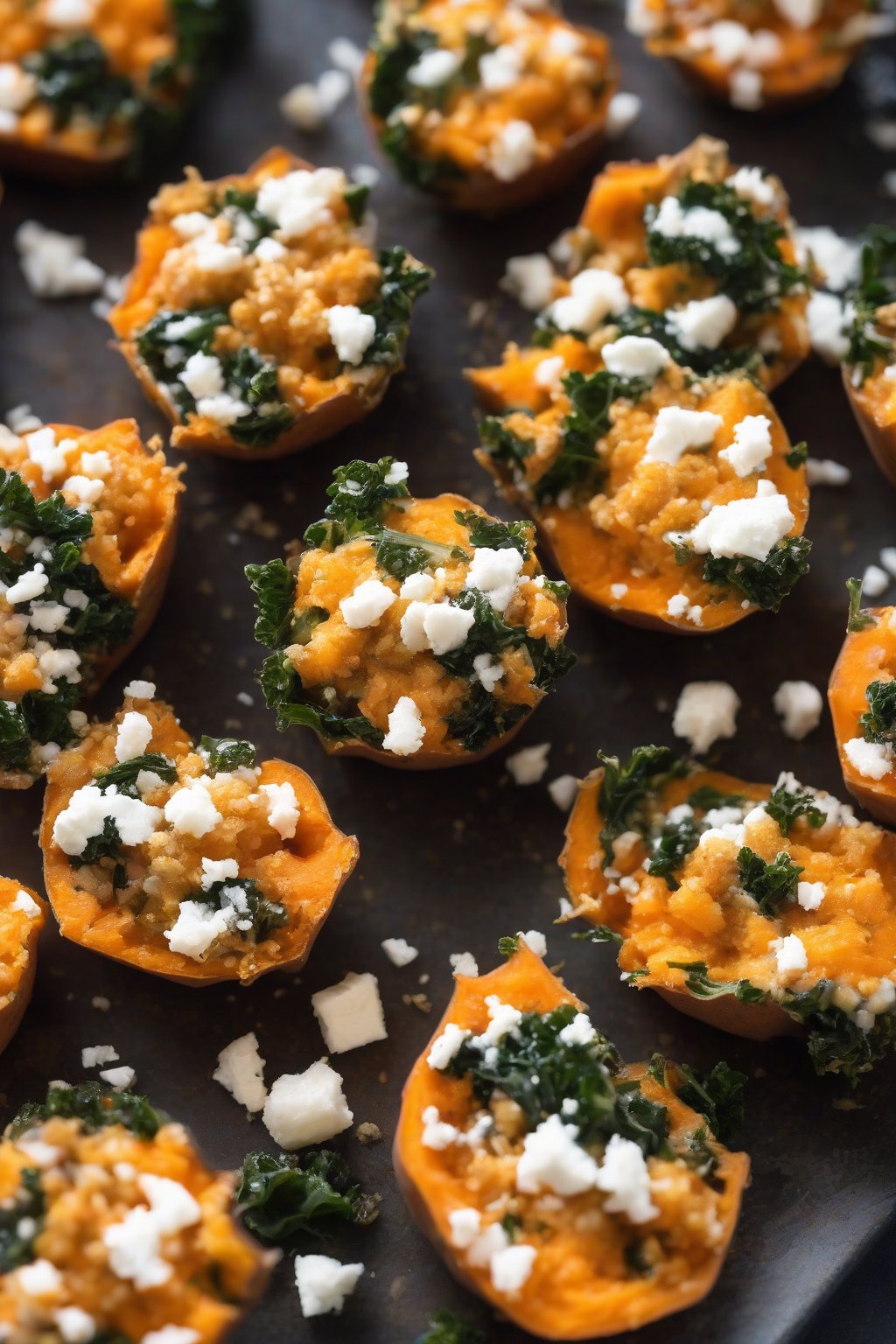 A high-resolution photo of orange sweet potato and green kale egg bites, topped with feta crumbles under soft lighting.