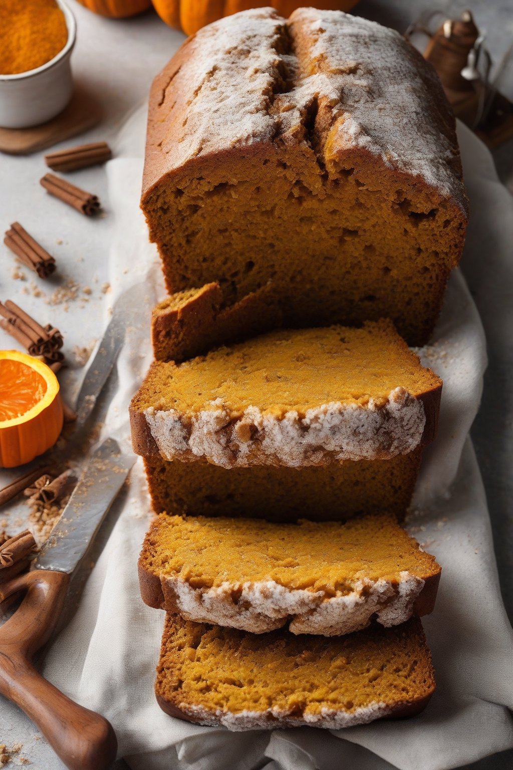 A high-resolution photo of a sliced loaf of classic spiced pumpkin bread revealing its moist orange crumb, dusted with powdered sugar, under soft lighting.