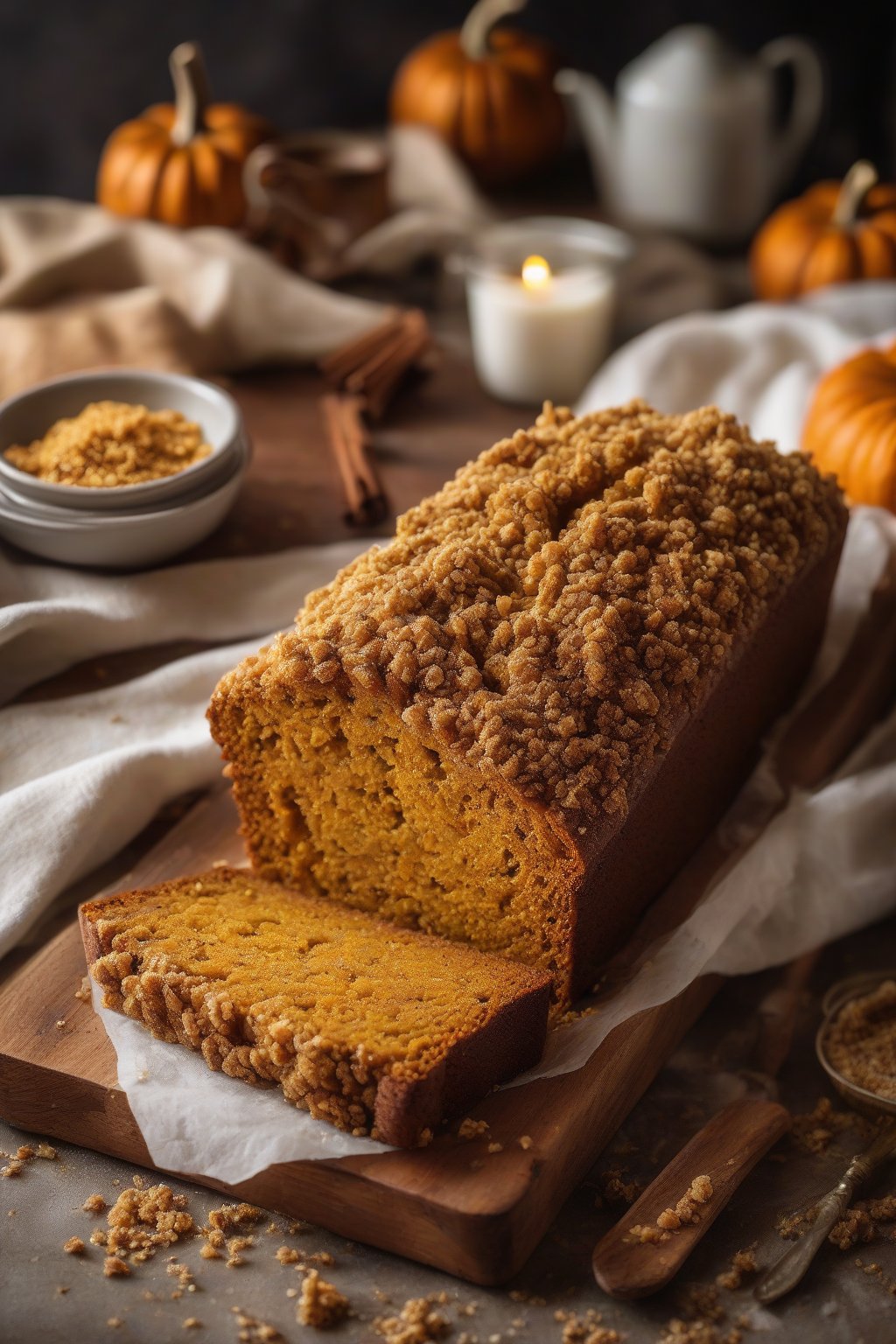 A high-resolution close-up photo of streusel-topped spiced pumpkin bread with golden crumbs cascading off a warm slice, steam rising, under soft lighting.