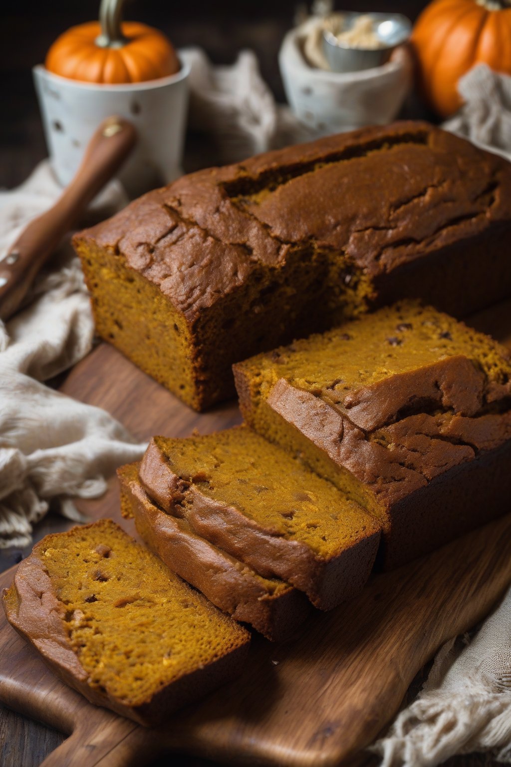 A high-resolution photo of gluten-free spiced pumpkin bread loaf with a rustic texture, sliced to show fluffy interior, on a wooden board under soft lighting.
