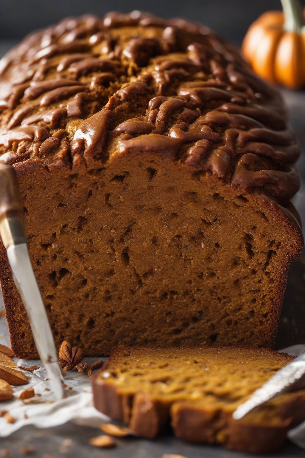 A high-resolution close-up photo of vegan spiced pumpkin bread with shiny glaze, a slice pulled away showing moist layers, under soft lighting.