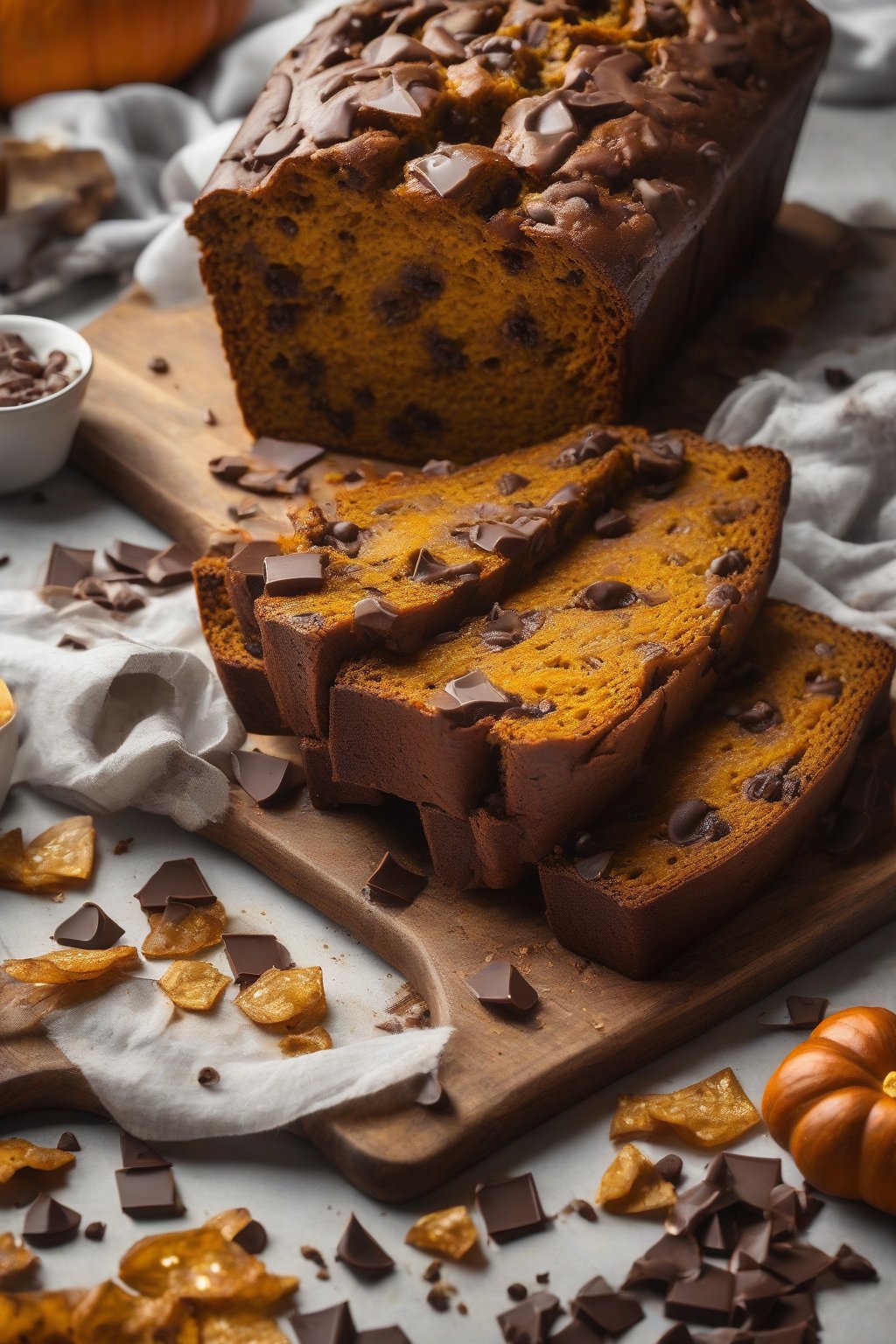 A high-resolution photo of chocolate chip spiced pumpkin bread, melted chips oozing from a fresh slice, scattered chips around, under soft lighting.