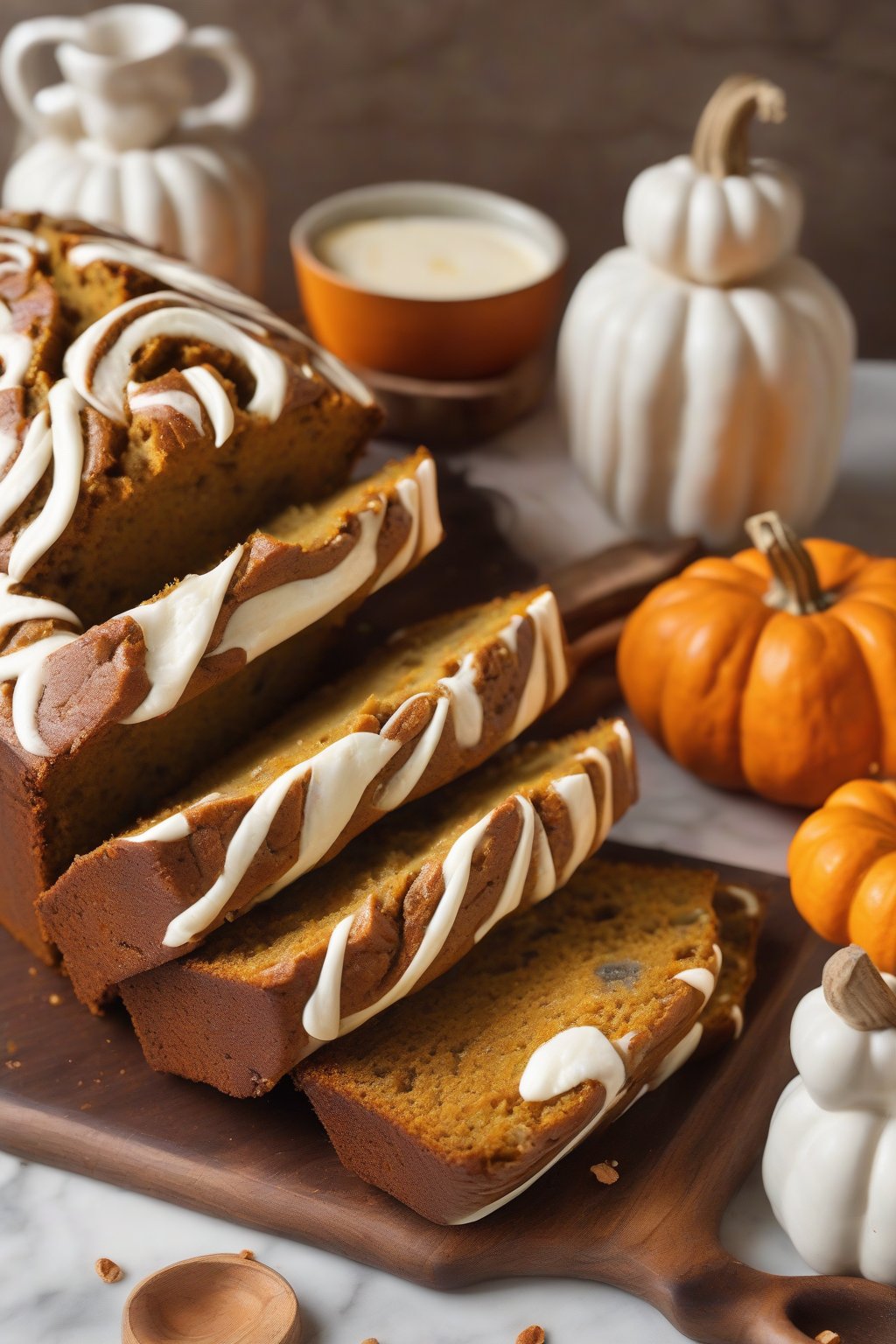 A high-resolution close-up photo of cream cheese swirl spiced pumpkin bread, white ribbons marbled through orange slices, under soft lighting.
