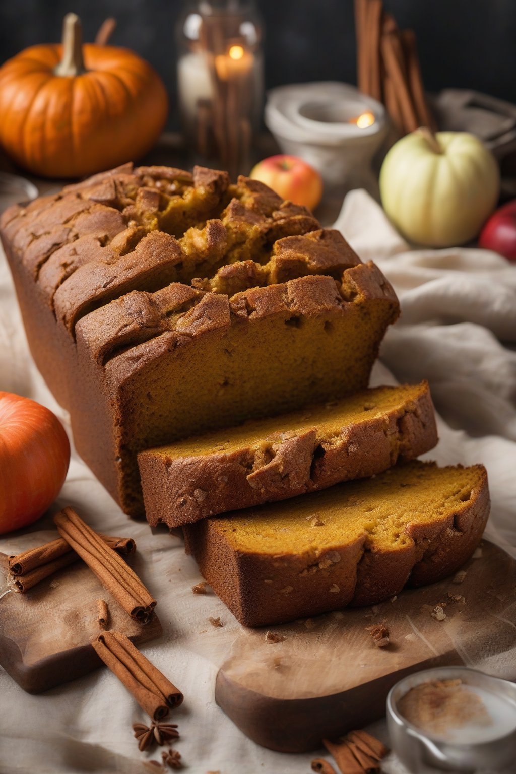 A high-resolution photo of pumpkin apple spiced bread with apple pieces visible in the crumb, cinnamon sticks garnish, under soft lighting.
