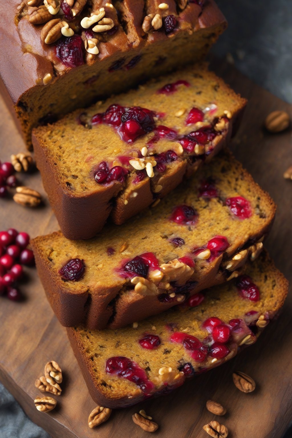 A high-resolution close-up photo of walnut cranberry spiced pumpkin bread slice studded with red berries and nuts, under soft lighting.