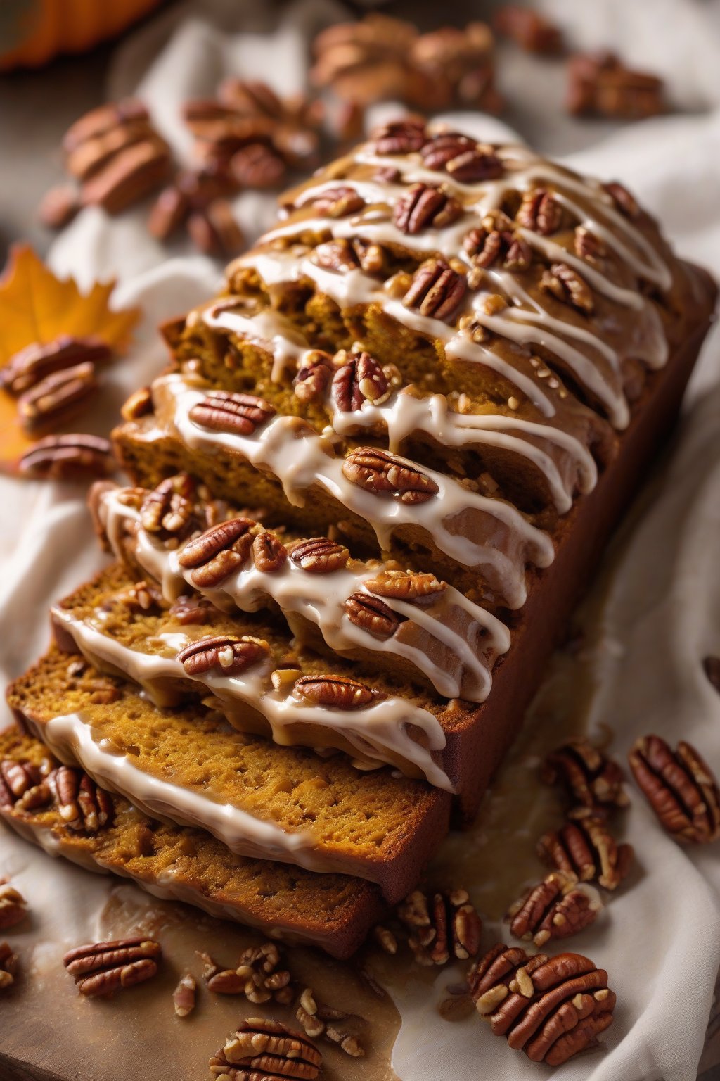 A high-resolution photo of maple pecan spiced pumpkin bread drizzled with glaze, pecans clustered on top, under soft lighting.