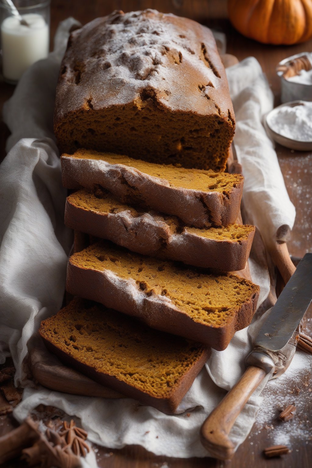 A high-resolution close-up photo of gingerbread-spiced pumpkin bread with a dark, aromatic crumb, powdered sugar dusting, under soft lighting.