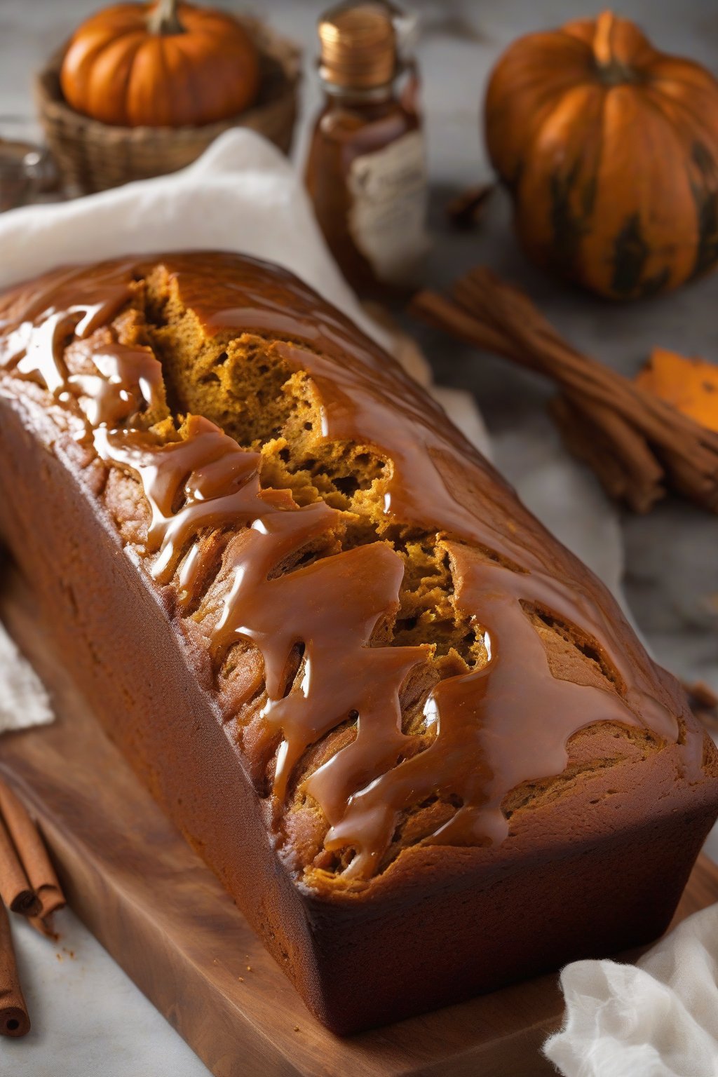 A high-resolution photo of bourbon-glazed spiced pumpkin bread loaf shining with glaze, a slice revealing spiced interior, under soft lighting.