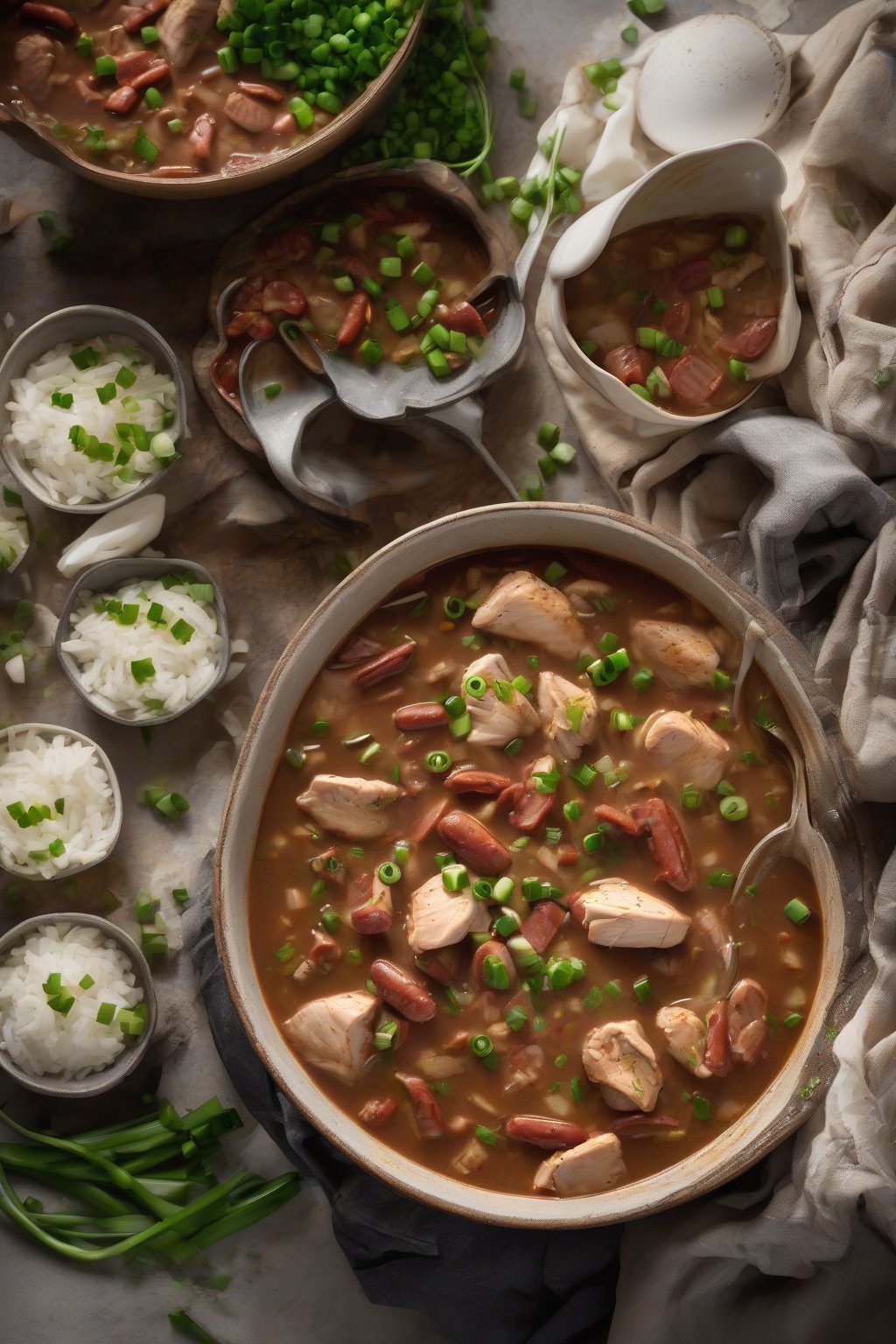 A high-resolution photo of a steaming bowl of chicken and andouille gumbo topped with green onions under soft lighting.