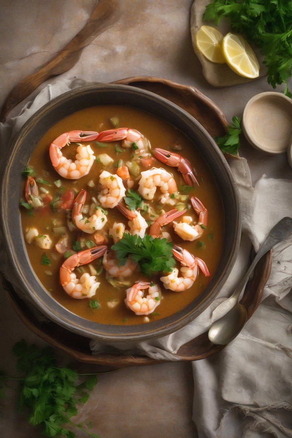A high-resolution photo of shrimp and crab gumbo garnished with parsley in a rustic bowl under soft lighting.