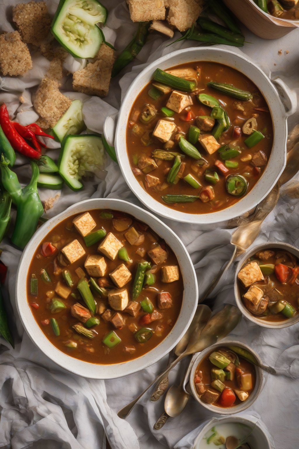 A high-resolution photo of vibrant vegan gumbo with tofu chunks and okra under soft lighting.