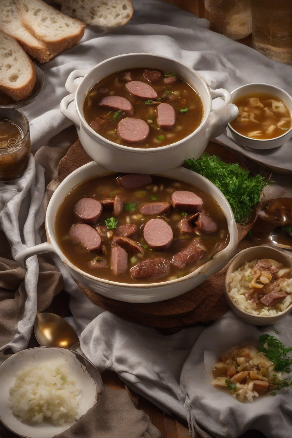 A high-resolution photo of duck gumbo with sausage slices floating in thick broth under soft lighting.