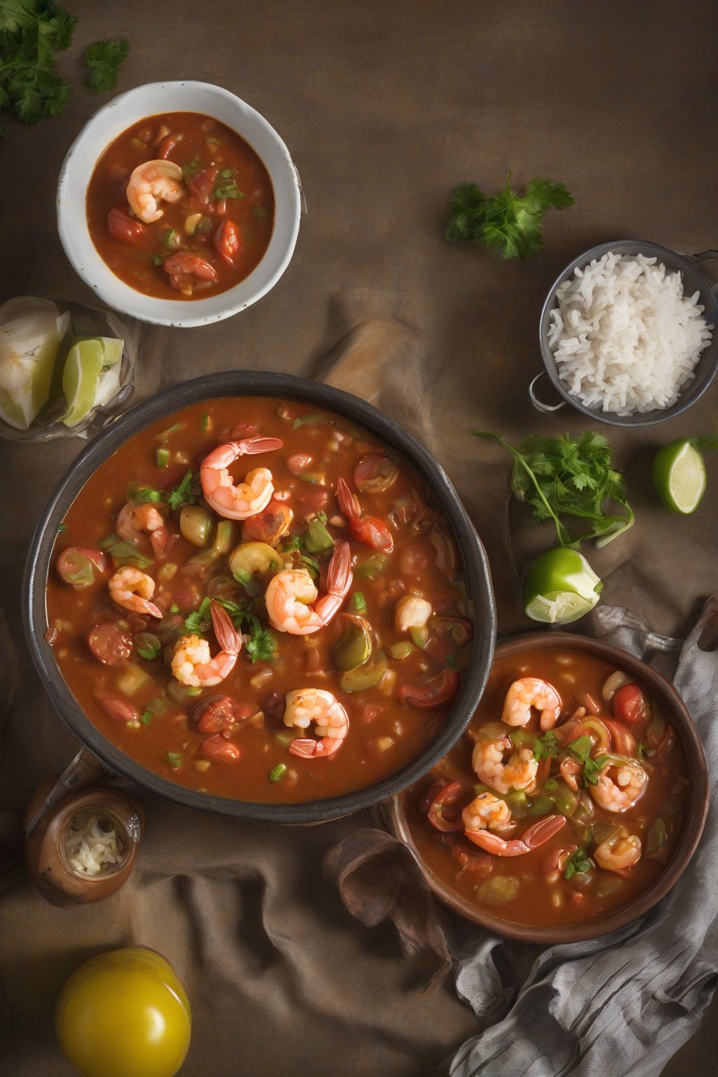 A high-resolution photo of tomato-based Creole gumbo with shrimp under soft lighting.