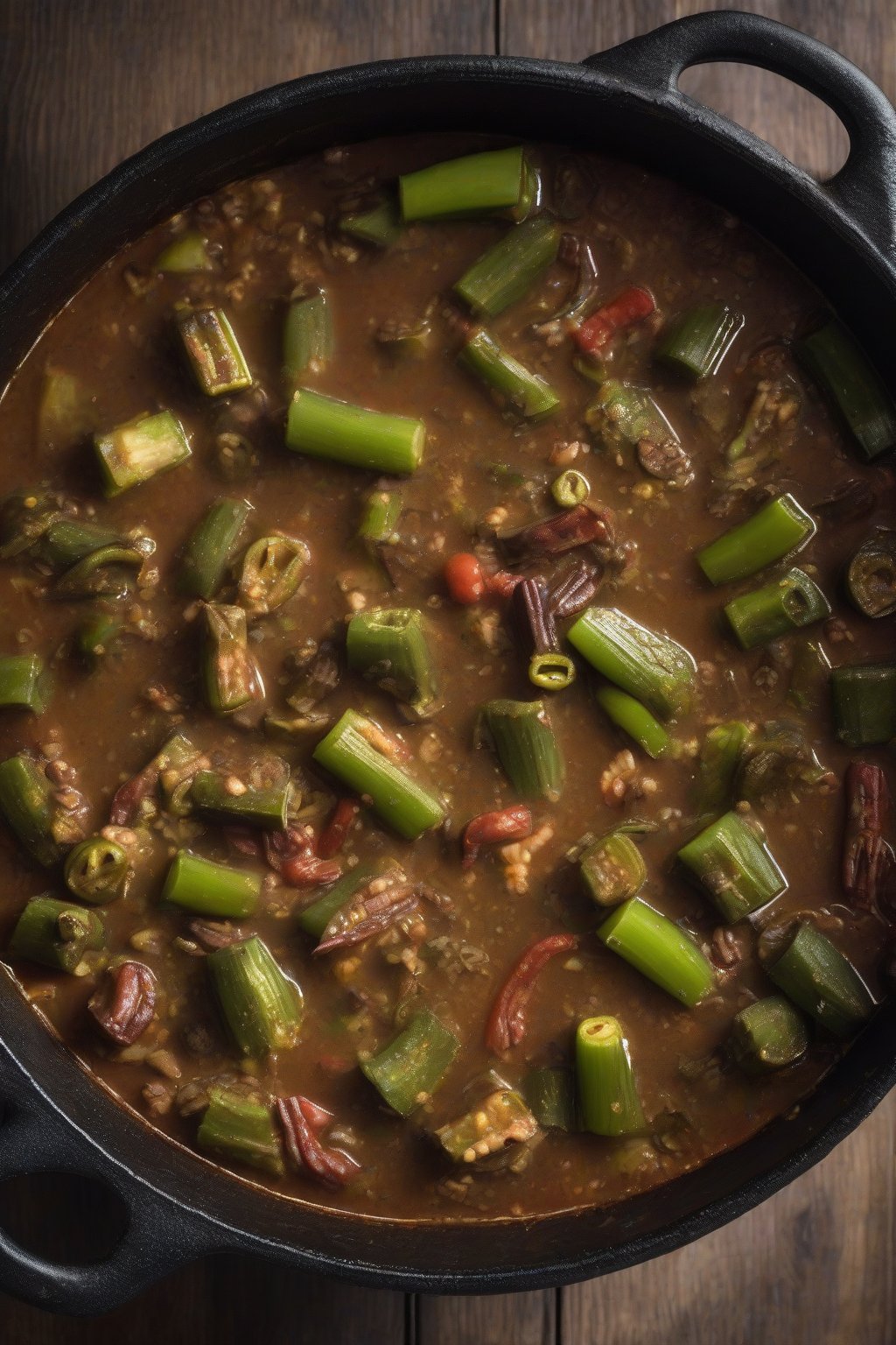 A high-resolution photo of thick okra-laden Cajun gumbo in a cast-iron pot under soft lighting.
