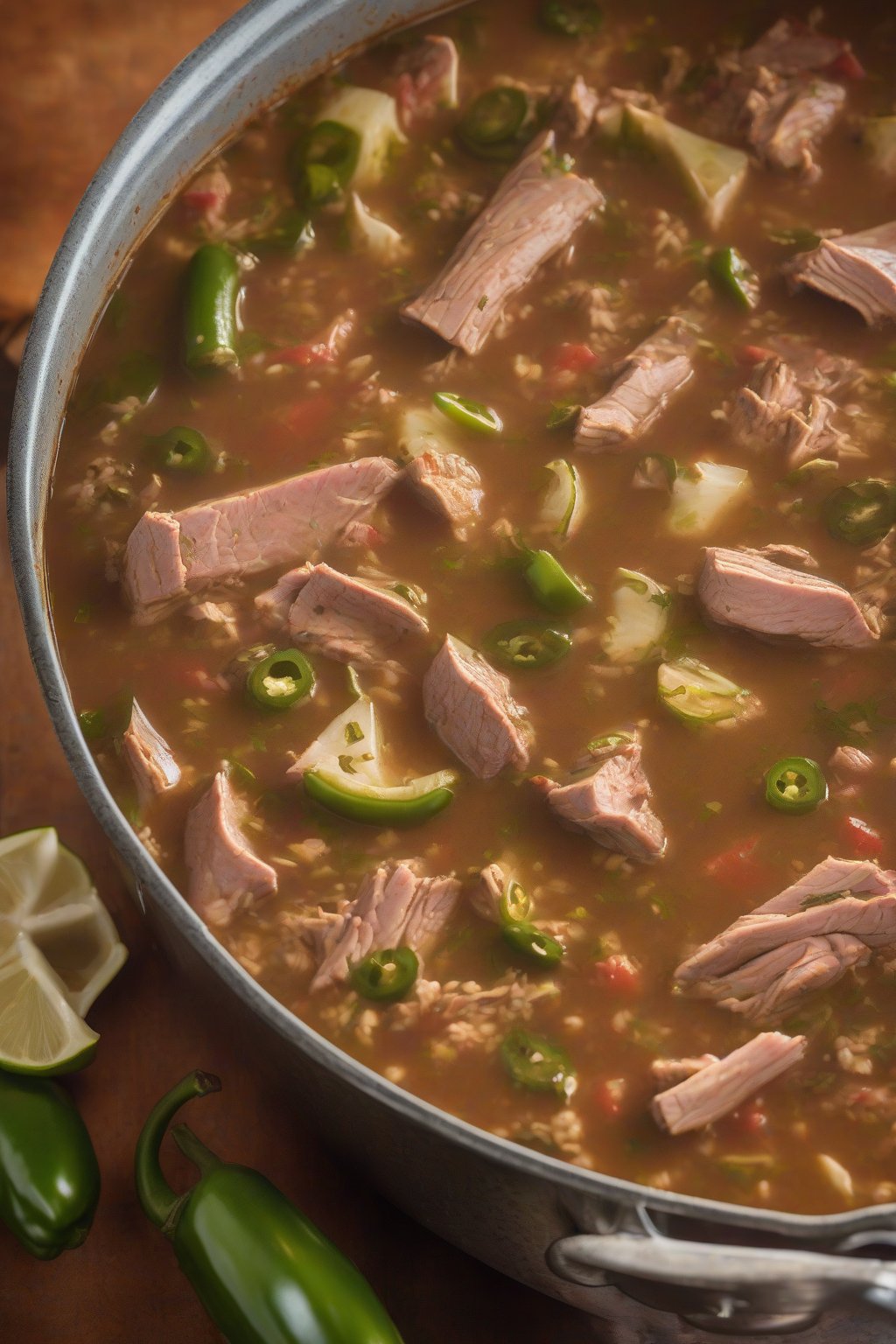 A high-resolution photo of turkey gumbo steaming with jalapeño slices under soft lighting.