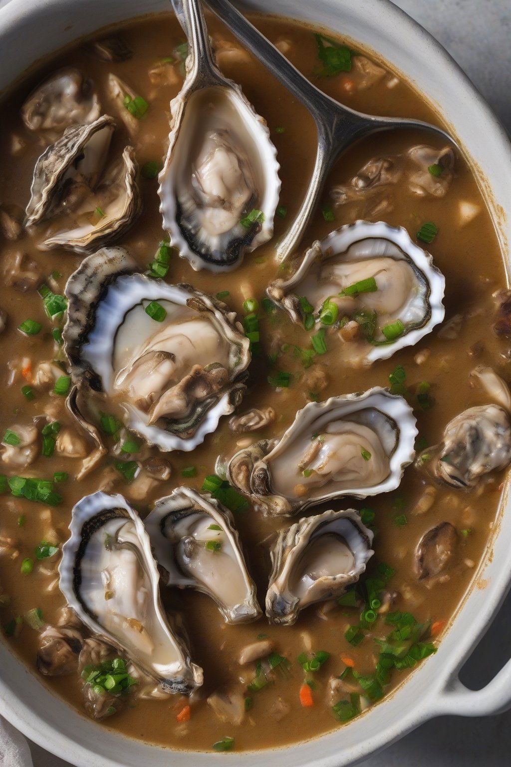A high-resolution photo of oyster gumbo with chipotle flecks in a bowl under soft lighting.