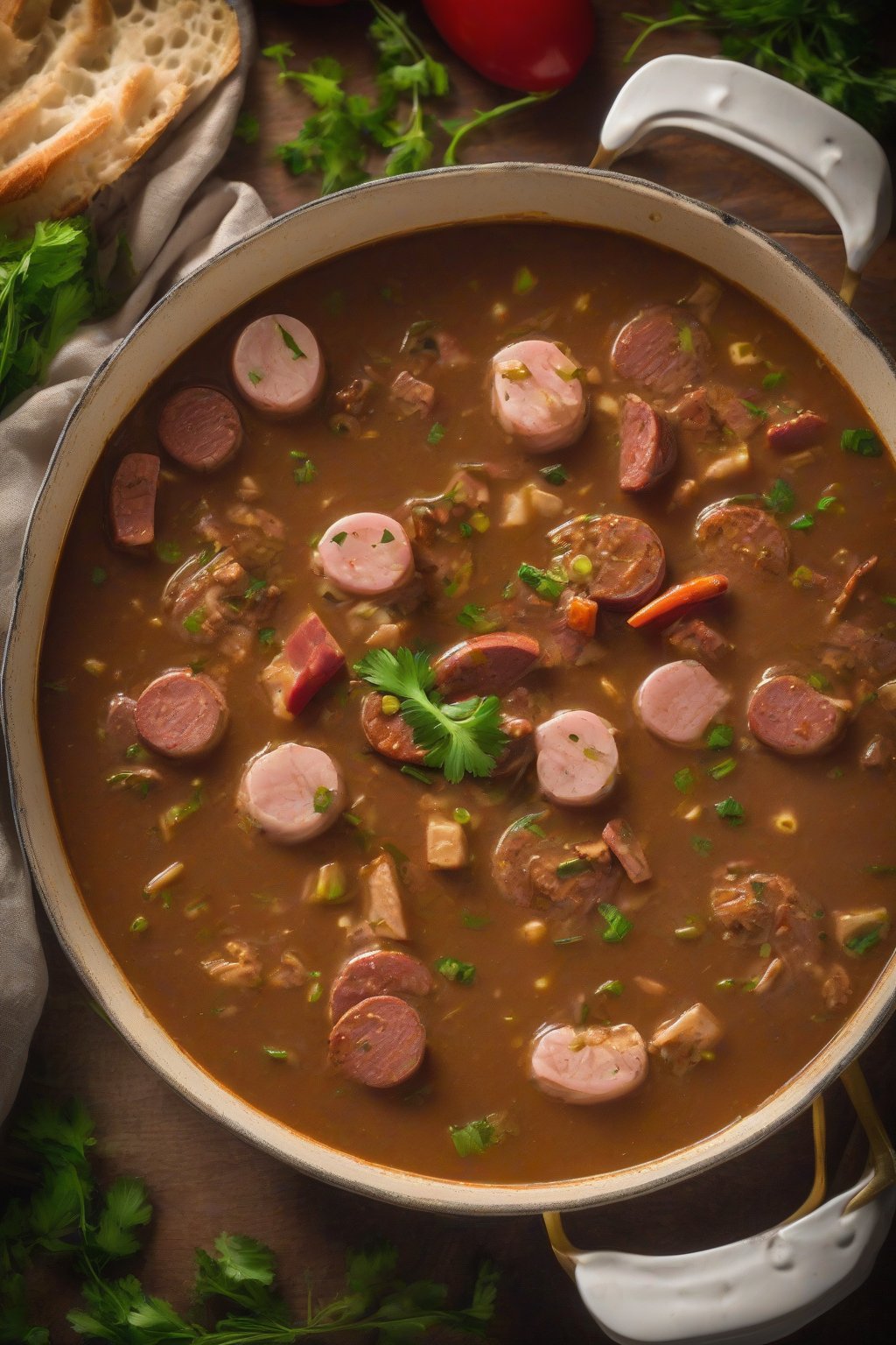 A high-resolution photo of rabbit and andouille gumbo garnished boldly under soft lighting.