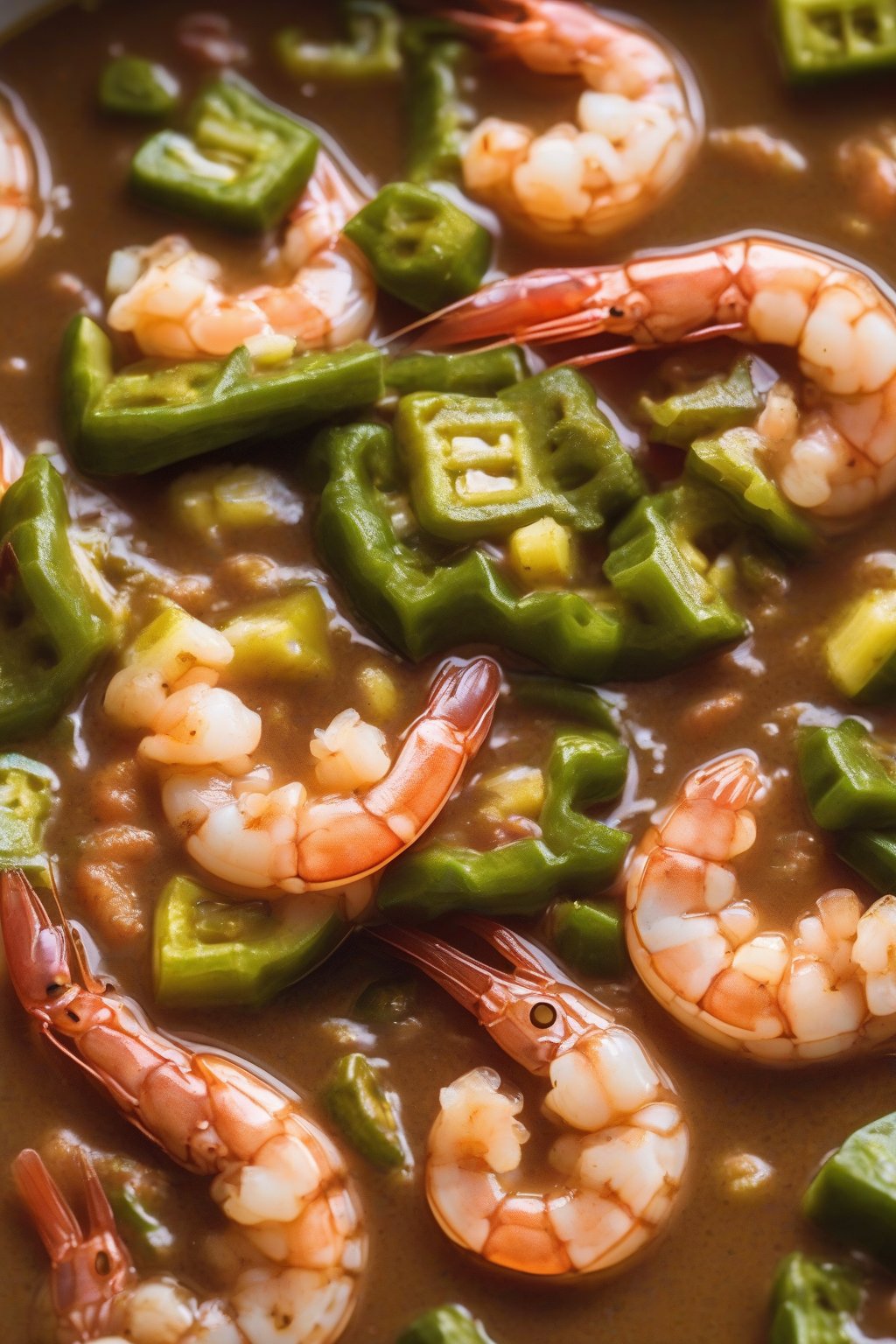 A high-resolution photo of glossy shrimp okra gumbo close-up under soft lighting.