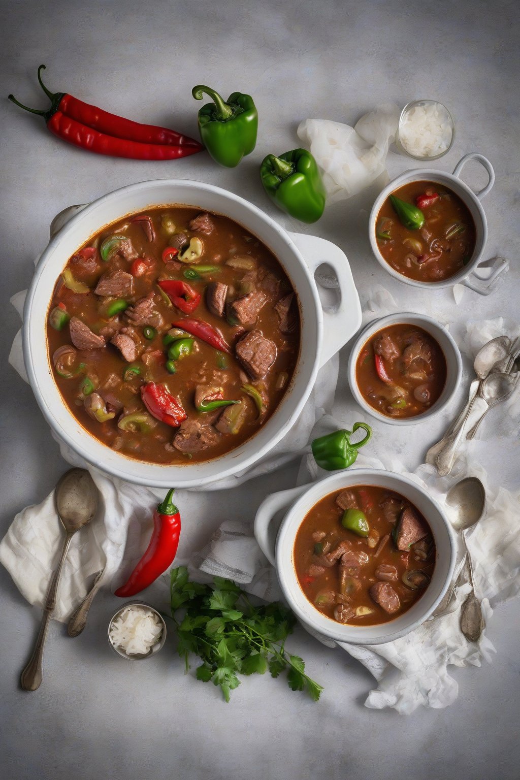 A high-resolution photo of multi-meat spicy gumbo overflowing with peppers under soft lighting.