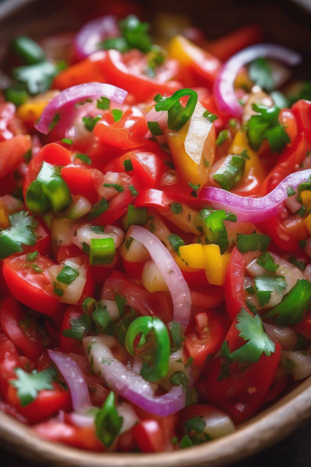A high-resolution close-up photo of vibrant pico de gallo topped with fiery peppers in a rustic bowl, under soft lighting.