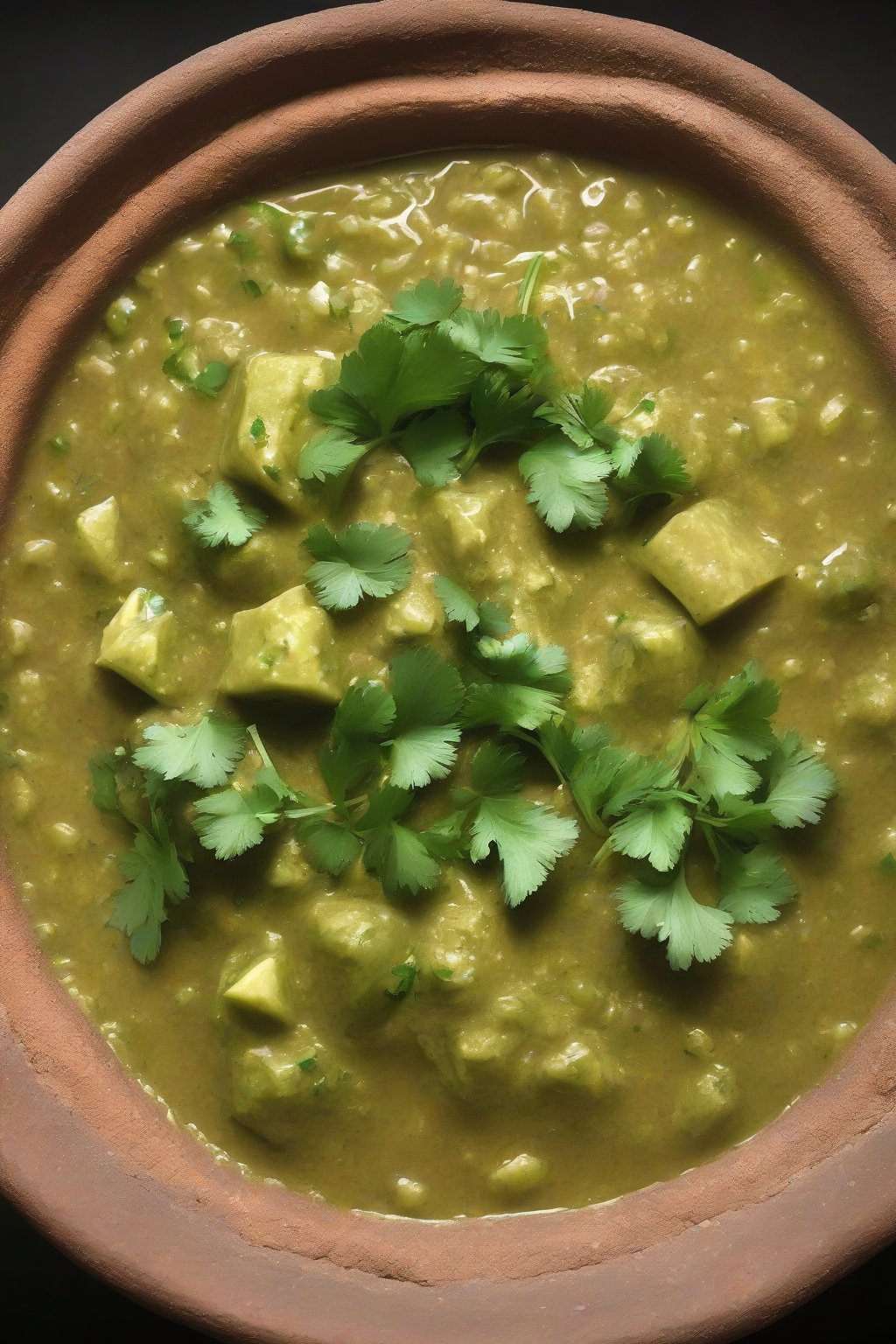 A high-resolution close-up photo of smoky green tomatillo salsa in a clay molcajete, garnished with cilantro, under soft lighting.