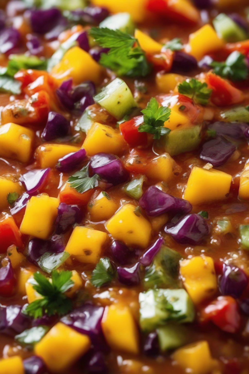 A high-resolution close-up photo of colorful mango habanero salsa with glistening fruit chunks, under soft lighting.