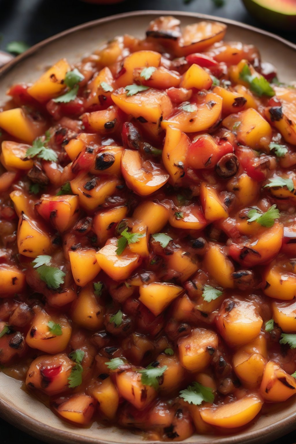 A high-resolution close-up photo of chipotle peach salsa with charred peach pieces and smoky peppers, under soft lighting.
