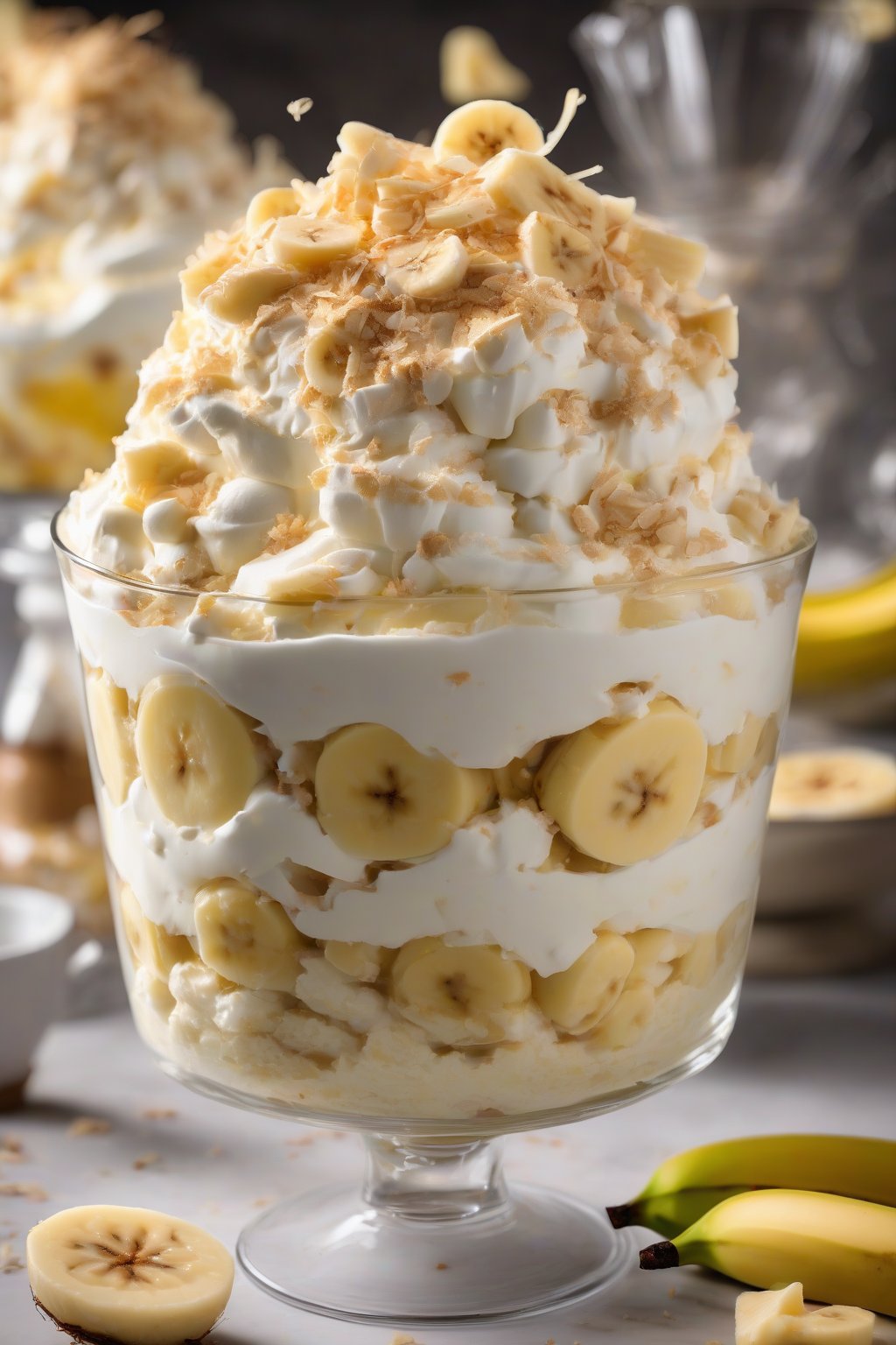 A high-resolution photo of towering banana pudding trifle with coconut flakes under soft lighting.