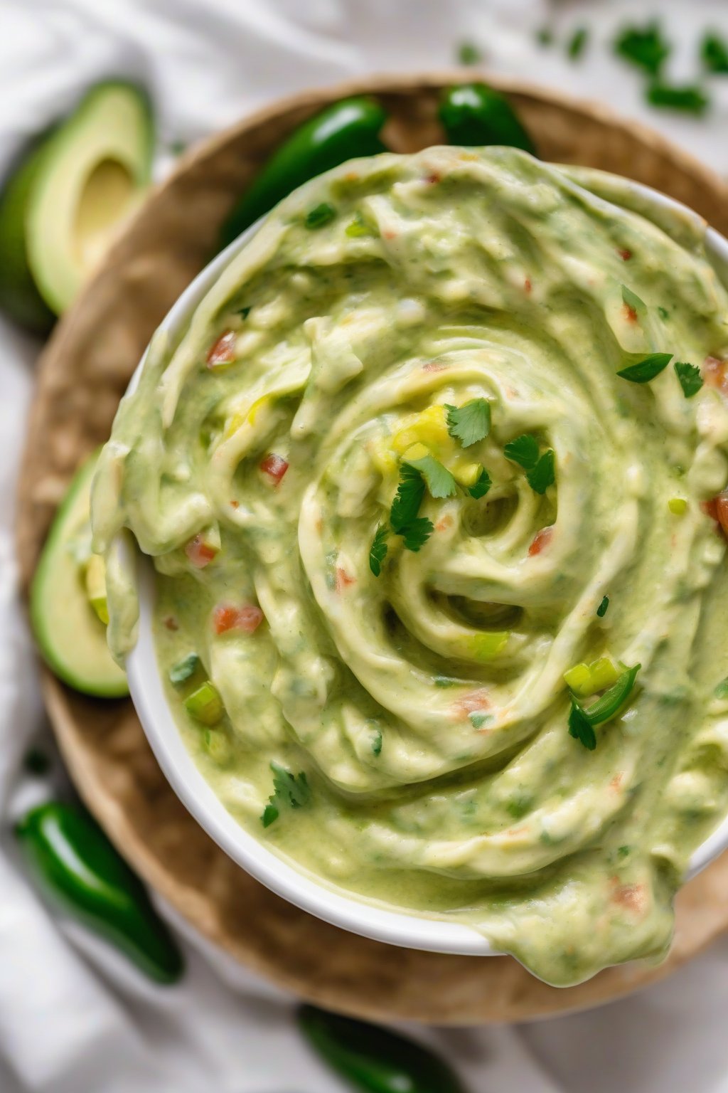 A high-resolution close-up photo of creamy green avocado jalapeño salsa swirled in a white bowl, under soft lighting.