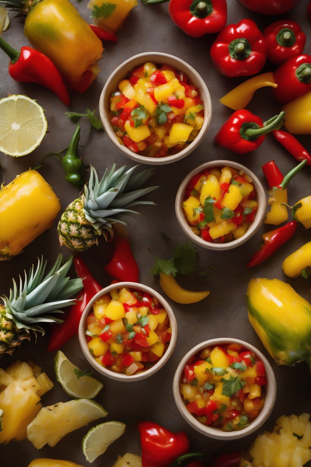 A high-resolution close-up photo of bright pineapple scotch bonnet salsa with golden fruit and red peppers, under soft lighting.