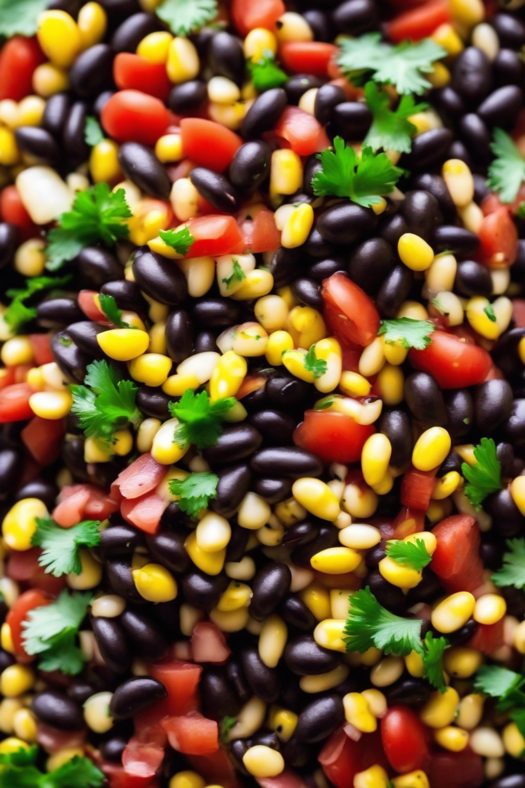 A high-resolution close-up photo of black bean corn salsa piled high with colorful kernels and beans, under soft lighting.